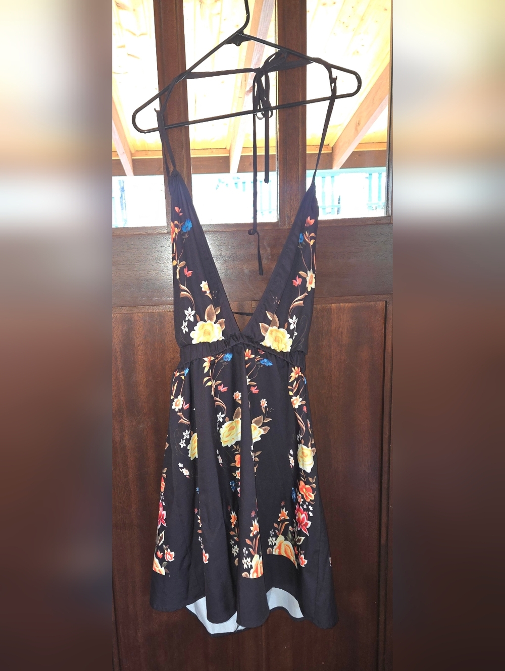 Black Floral V-Neck Sundress with Yellow Rose Print